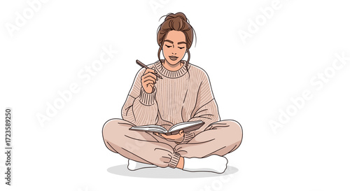 A young woman in comfortable loungewear sits cross-legged, thoughtfully writing or journaling in a notebook with a pen, embodying a moment of reflection and creativity.