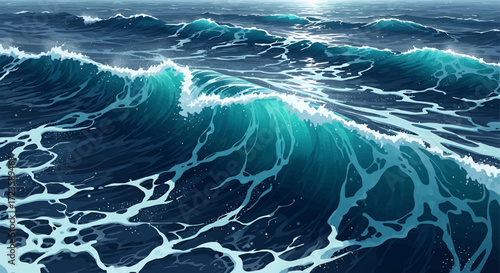 A dynamic ocean scene with powerful turquoise waves crashing under a bright, hazy sun.