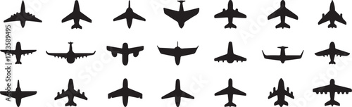 silhouettes of twenty one aircraft top view vector set showcasing diverse airplane designs for aviation comparison