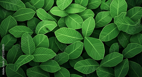 Vibrant green leaves with prominent veins creating a lush, dense natural pattern, viewed from above.