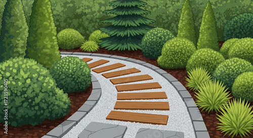 Illustration of a winding garden path with greenery and trees.