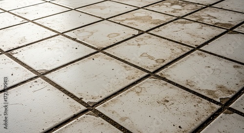 Grungy tile floor texture showing neglect and wear for aged backgrounds or surfaces
