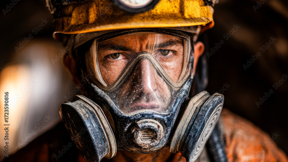 Fototapeta premium Underground miner wearing protective gear, focused expression, dust covered face, safety helmet, and respirator