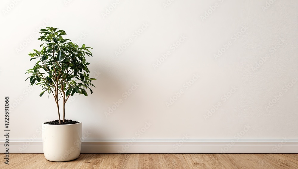 Fototapeta premium Minimalist indoor scene featuring a potted plant against a white wall and light wood floor. The image emphasizes simplicity and clean lines