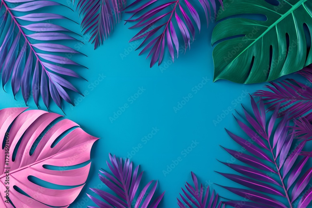 Fototapeta premium Vibrant Tropical Leaves Border on Teal Background