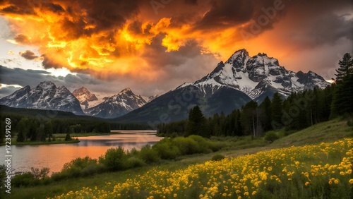 Dramatic sunset over a serene mountain lake with vibrant yellow wildflowers in the foreground.