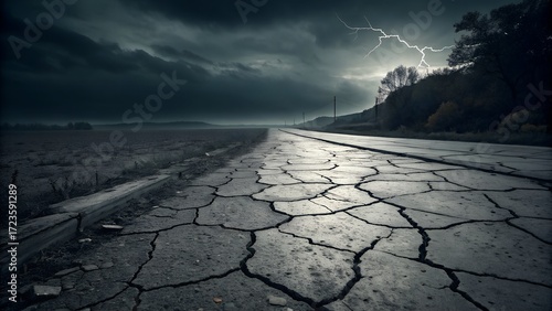 A dramatic cracked road stretches into the distance under a dark, stormy sky with a flash of lightning.