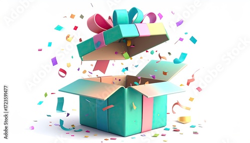 A pastel-colored gift box, open, with confetti bursting from it.  The box has a ribbon and bow