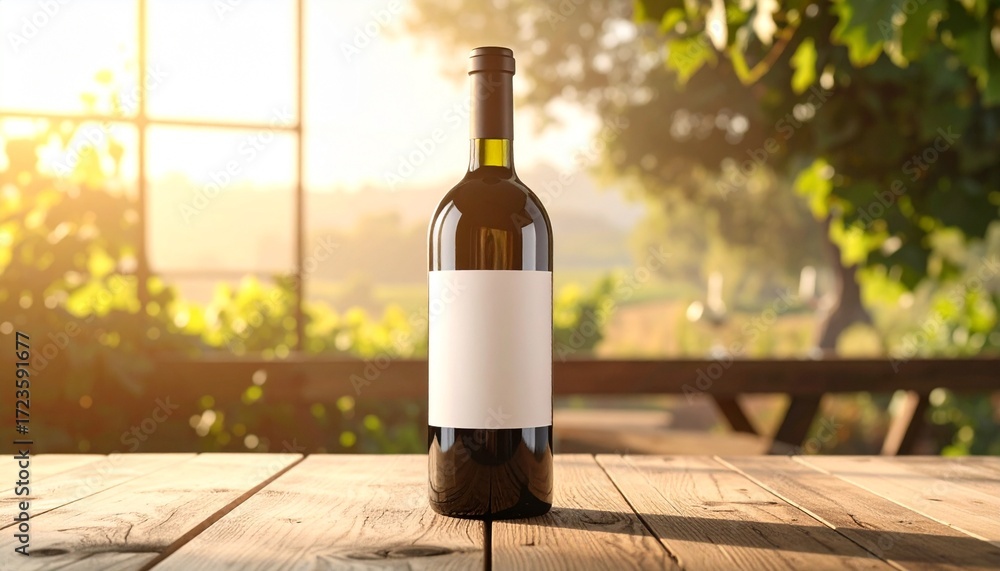 Fototapeta premium A single bottle of red wine with a blank white label rests on a rustic wooden table in a sun-drenched vineyard at sunset