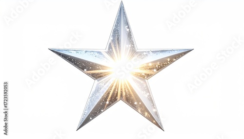 A radiant, five-pointed star, metallic in texture, with a bright light emanating from its center, set against a pure white background