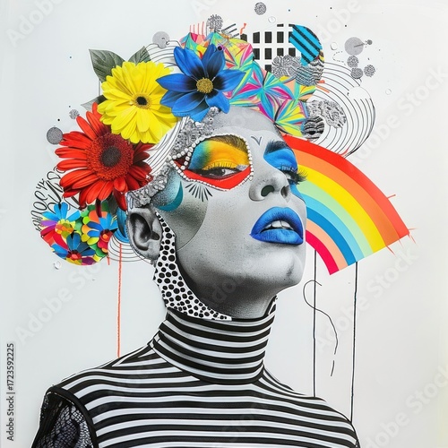 Paper collage of drag queen portrait flower art.