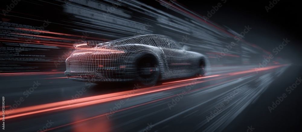 Fototapeta premium Futuristic Wireframe Car Speeding Through Digital Highway