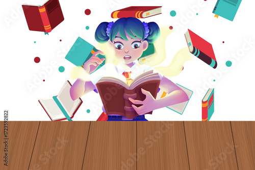 Enchanting vector of a girl with a book, perfect for educational content, book covers, or creative designs, bringing a touch of magic and wonder