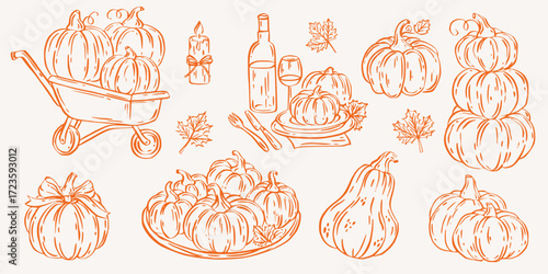 Pumpkin harvest illustration in warm autumn fall doodle vector with abstract thanksgiving style, showing seasonal table and gourds, ideal for rustic posters or holiday cards.