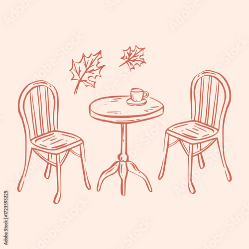 Autumn fall vector illustration with abstract thanksgiving warm doodle design for coffee table icon with chairs and leaves, perfect for cozy poster and seasonal cafe decor by rustic hand drawn style.