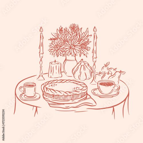 Autumn fall vector illustration with abstract Thanksgiving Day doodle design for holiday table icon, perfect for cozy dinner poster and seasonal festive decor by rustic hand drawn style.