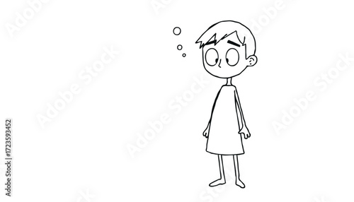 Minimalist black and white line art of a young boy standing and gazing upward with thought bubbles, perfect for illustrating imagination, brainstorming, education, psychology, and creative projects