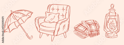 Autumn doodle illustration with warm fall harvest vector design of armchair, plaid and umbrella, ideal for cozy thanksgiving decor, rustic posters or seasonal card invitations.