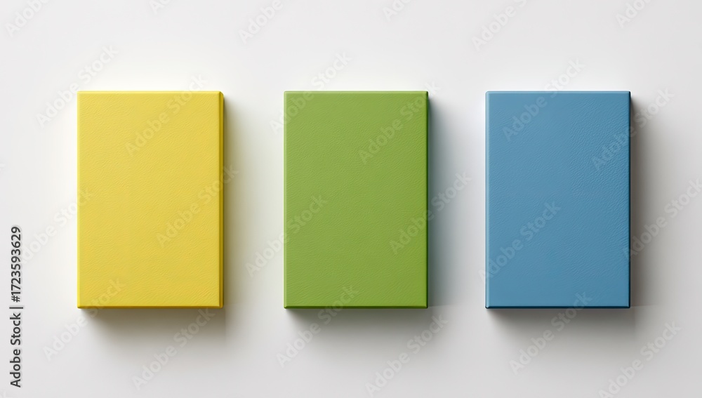 Fototapeta premium Three rectangular boxes, different colors, on a plain background