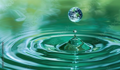 A small planet-shaped droplet falls into calm, green water, creating concentric ripples;  blurred green background suggests nature