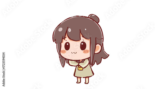 A cute, cartoon chibi girl with brown hair, rosy cheeks, and a beige dress, stands with folded hands and a gentle smile. Great for family, kids, education, or cheerful branding.