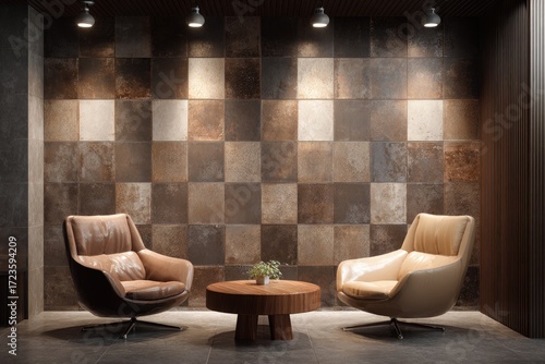 Modern lounge with warm, textured tile wall