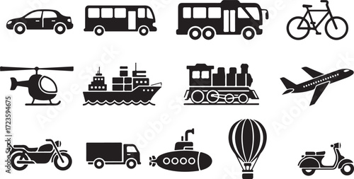 Black and white vector icons of various transportation methods.