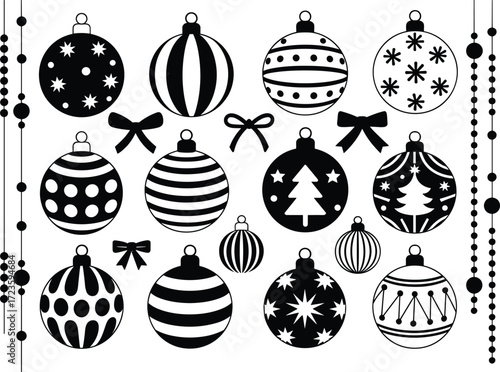 Christmas ornament collection, black and white festive design, decorative holiday baubles and bows, stylized vector illustration, seasonal hanging decorations, grid layout clipart
