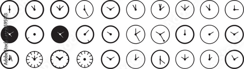 vector illustration of 30 analog clock faces in 5x6 grid monochrome layout time management concept infographic design