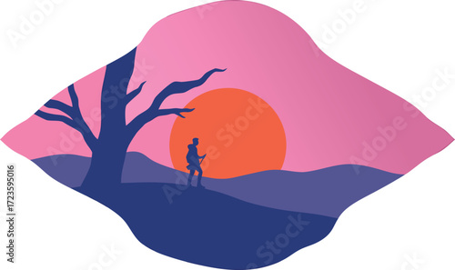 A lone hiker silhouette crosses rolling hills at sunset, with a leafless tree against a pink-purple sky. This tranquil outdoor scene suits travel, nature, and landscape stock needs.