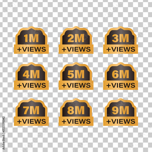 Collection of golden badges showing views count from 1 million to 9 million on transparent background