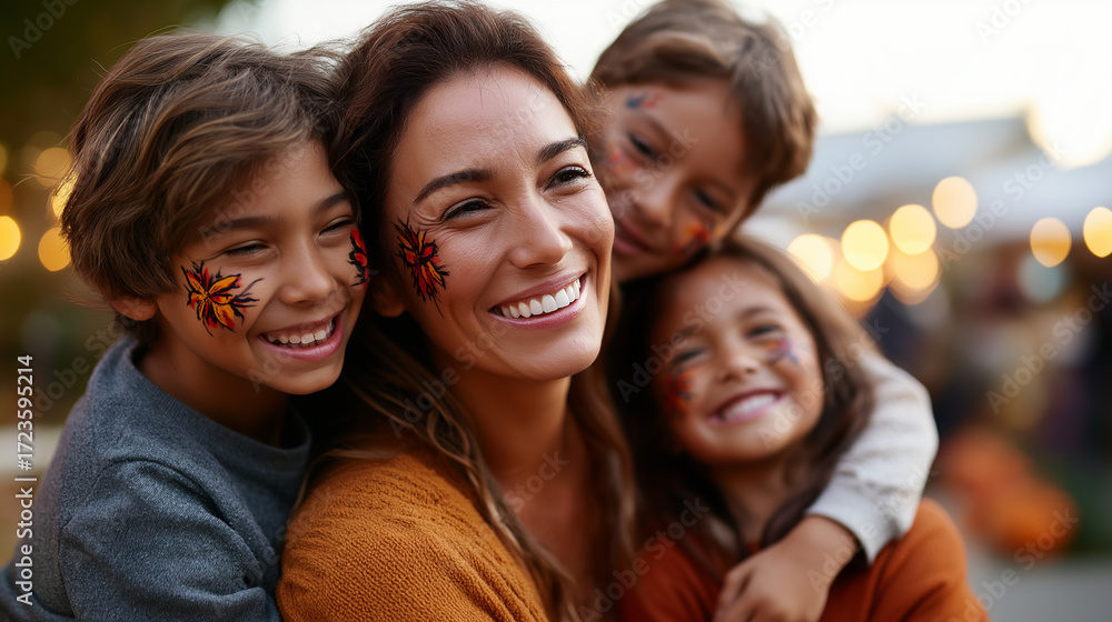 Obraz premium Loving family portrait parents two children wearing matching Halloween costumes face paint makeup autumn evening outdoor setting family Halloween costume ideas group costume themes
