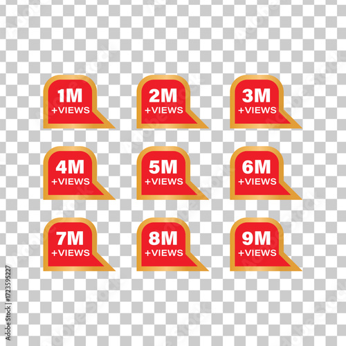 Collection of red pointer icons displaying views count from 1 million to 9 million on transparent background