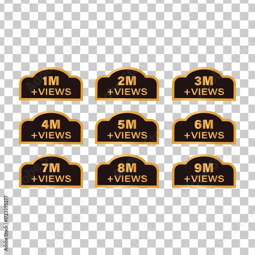 Collection of elegant gold and black badges indicating views count from 1 million to 9 million views
