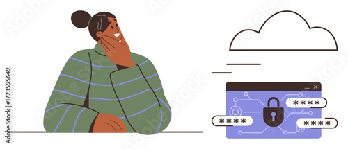 Thoughtful woman observing a cloud and secure password panel with lock icon, emphasizing data protection, digital security, online privacy, cloud services, technology, identity management
