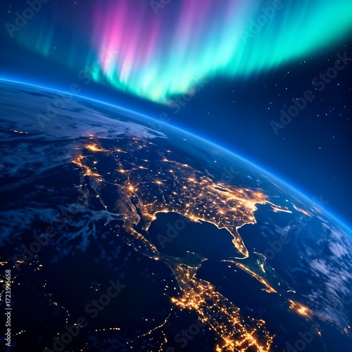 Earth View with Aurora Borealis From Space