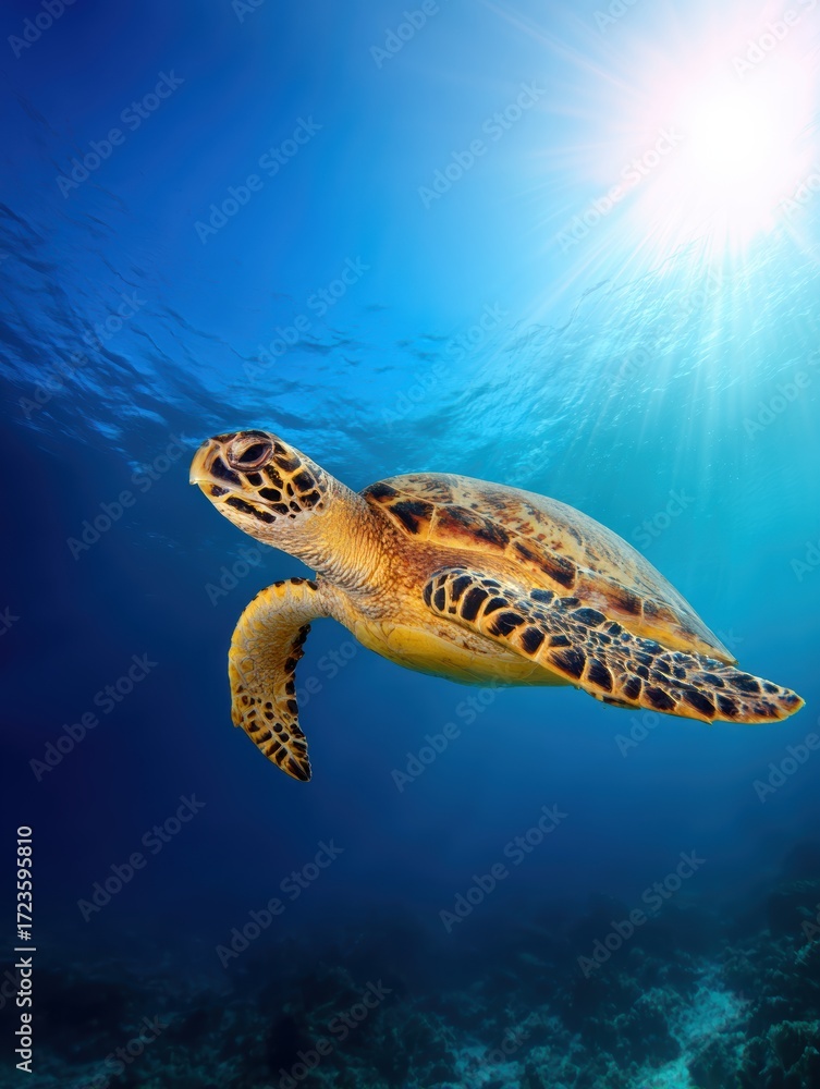 Fototapeta premium A graceful sea turtle gliding through clear blue waters, with sunlight filtering above, showcasing marine life