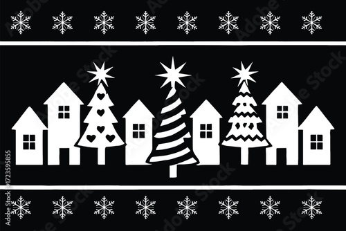 Black and white winter village scene, Christmas trees and houses, festive snowflake border design, holiday silhouette illustration, seasonal vector art, greeting card layout