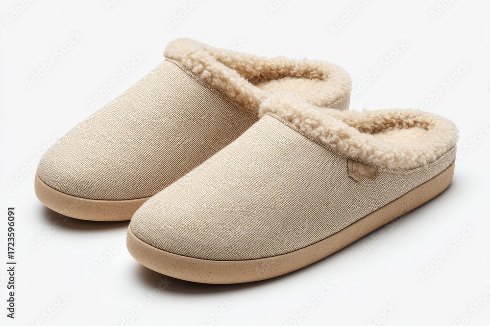 Fototapeta premium Pair of light beige/cream-colored house slippers. Soft, lined, slip-on style