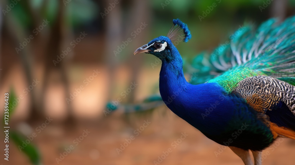 Fototapeta premium Vibrant peacock displaying its colorful feathers in a serene natural environment with blurred greenery