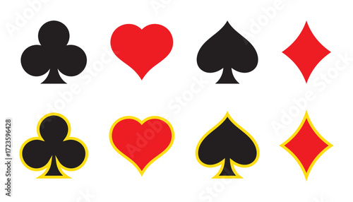 Vector illustration of playing card suit symbols including clubs, hearts, spades, and diamonds in black and red with bold outlines. Perfect for casino, poker, gambling, and game design projects.