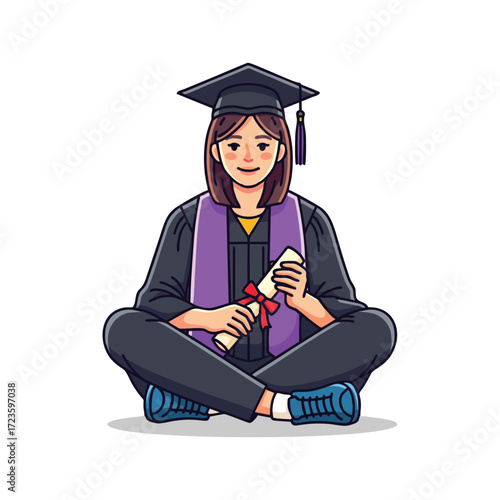 Smiling graduate sitting crosslegged holding diploma celebrating academic achievement