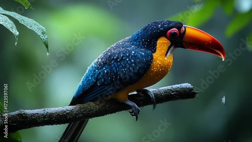 Vibrant toucan perched on a branch in rain