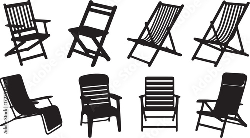 Assorted Outdoor Chair Silhouettes Vector Set for Summer Relaxation and Leisure