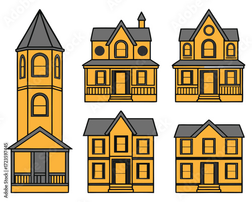 Cartoon Vector Illustration of Spooky Yellow and Gray Halloween Haunted Houses