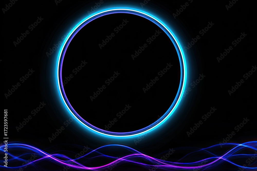 Obraz premium Neon circle frame on a dark background, with wavy lines