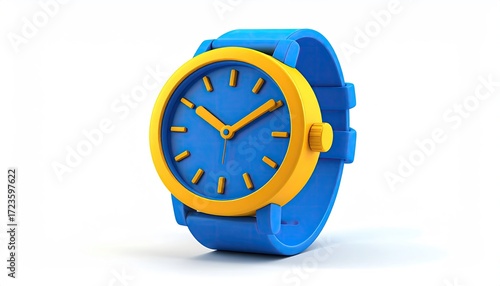 Wallpaper Mural A vibrant blue wristwatch with a yellow bezel and band, presented against a stark white background, showcasing a minimalist design Torontodigital.ca