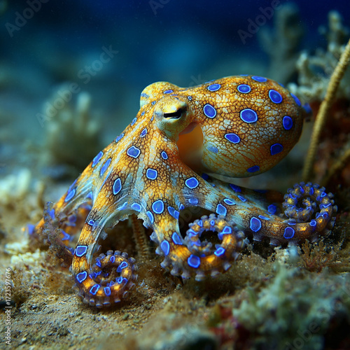blue-ringed octopus beautiful bright octopus at the bottom of the ocean
