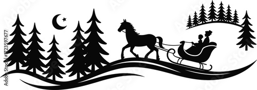 Black and white winter silhouette, horse sleigh with couple, snowy forest path, pine trees, crescent moon, holiday night scene, festive seasonal vector illustration
