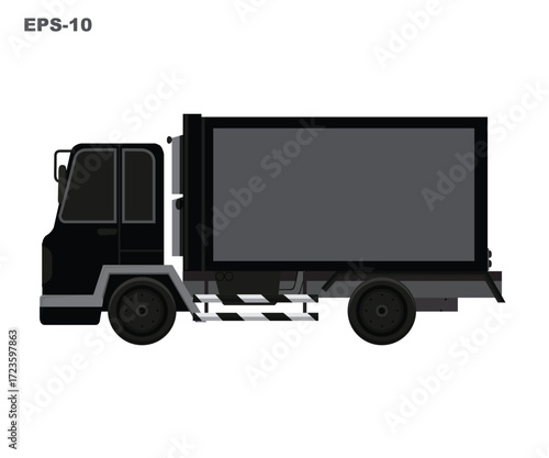 Black cargo delivery truck side view vector illustration, commercial vehicle design for logistics, transportation, shipping, freight, and courier service concepts